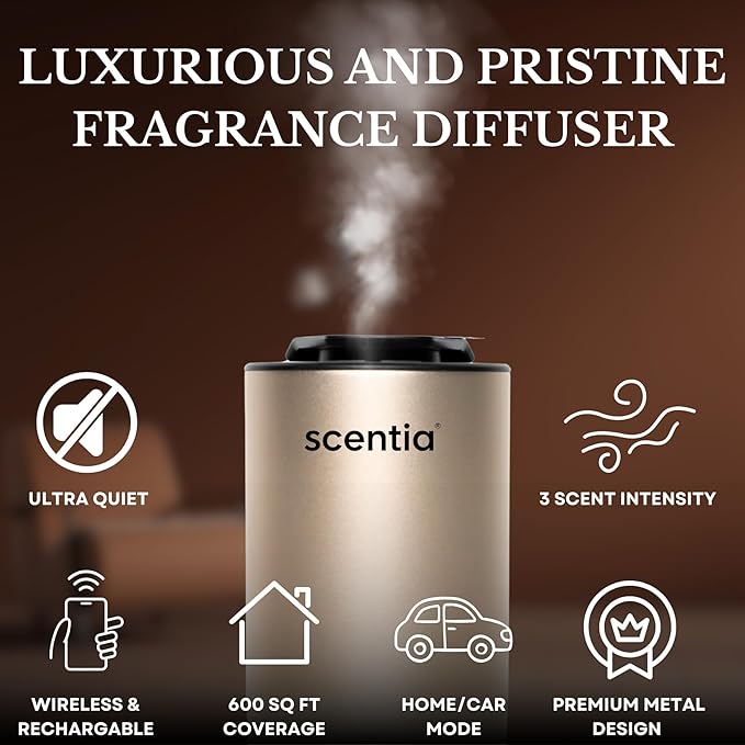 Scentia Gold MiniPod Nebulizer Diffuser + Smart Car Freshener – Waterless Essential Oils, Dual Mode Car/Home, Rechargeable Auto Shut-Off, 3 Lights – Ideal Teen Girl Holiday/Thanksgiving Gift