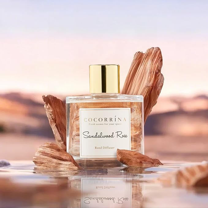 Cocorrína Reed Diffuser Set,6.7oz (200ml) Sandalwood Rose Scented Diffuser with 3 White Rose Foam Flowers & Cotton Sticks, Home Fragrance Reed Diffuser for Bathroom Shelf Decor