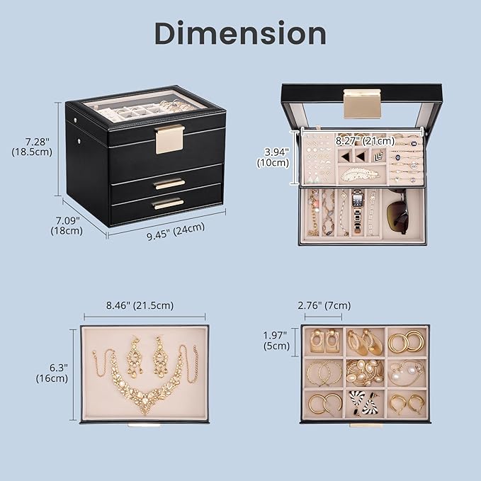 Lolalet Jewelry Box, Clear Window Jewelry Organizer with Drawer for Earrings Bracelets Necklaces Rings, Jewelry Storage for Women -Black, 4 Layers