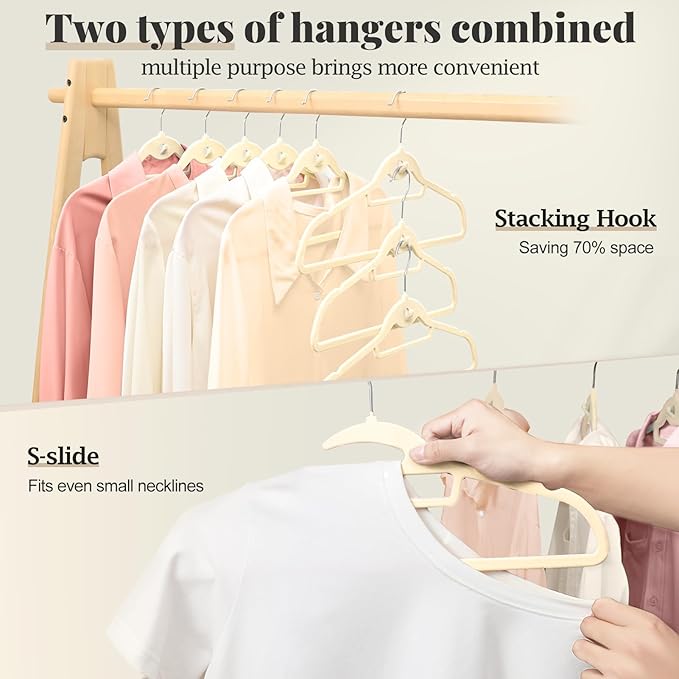 UEAKPIC Velvet Hangers 50 Pack, S-Shaped and Stackable Non Slip with 360°Swivel Hook, Ultra Thin and Space Saving Flocked, for Suits, Shirts, Coats, 15Lbs Capacity Heavy Duty, Ivory