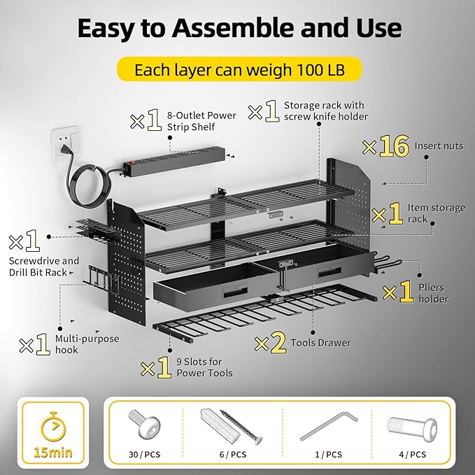SEENWUUN Power Tool Organizer Wall Mount with Charging Station, 4 Layers Storage Rack with 9 Drill Holders & Battery Storage, Cordless Tool Organizer with 2 Drawers for Garage, Workshop & Tool Room
