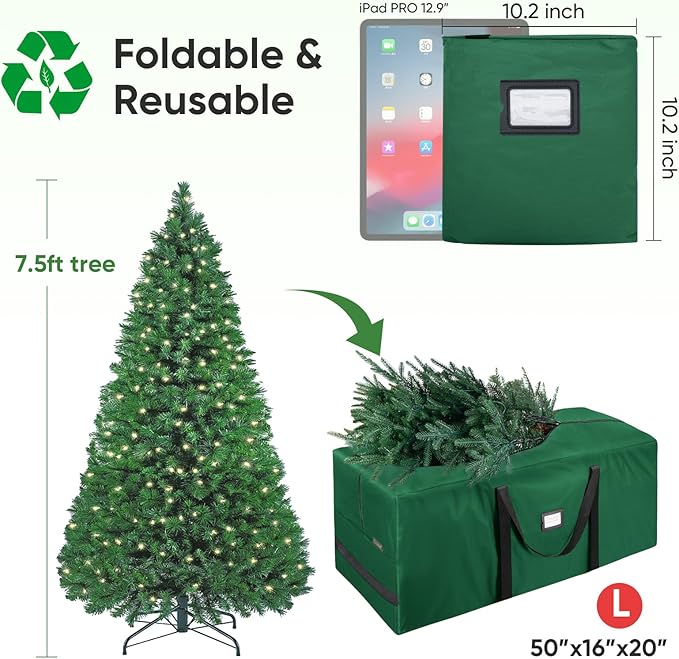 BALEINE 7.5 ft Christmas Tree Storage Bag, Heavy Duty 900D Oxford Fabric with Reinforced Handles and Dual Zippers Wide Opening, Extra Large Storage Container (Green)