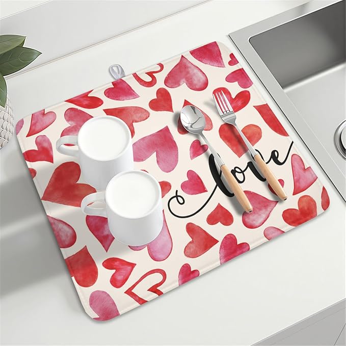 ABSOP Valentine's Day Dish Drying Mat 16 x 18 Inch Heart Shaped Dish Drying Pad Absorbent Microfiber Mats for Red and Pink Dish Rack Pad for Kitchen Counter Coffee Bar Decor