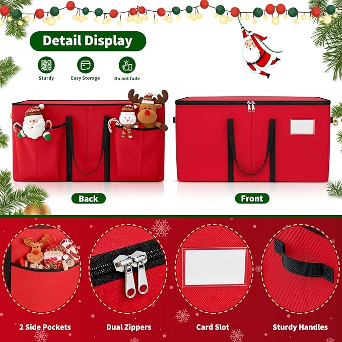 Christmas Ornament Storage Box - Large & Sturdy Christmas Storage Container with Adjustable Dividers, 8 Individual Trays and Handles, Holds up to 128 Holiday Decorations (Red)
