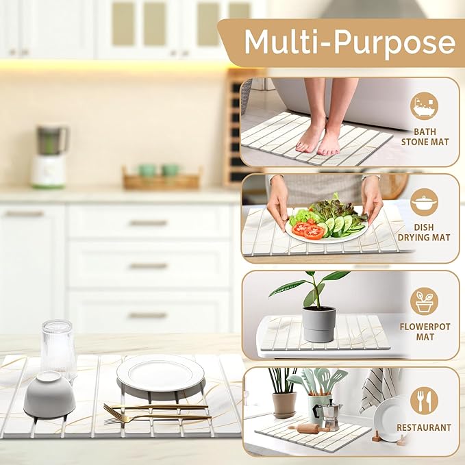 Large Stone Dish Drying Mat for Kitchen Counter, 2PCS 24"×16" & 8“x4" Quick Dry Stone Dishes Mats, Marbled Water Absorbing Diatomaceous Earth Drying Pad for Countertop Bottles Utensils Cups,White Gold
