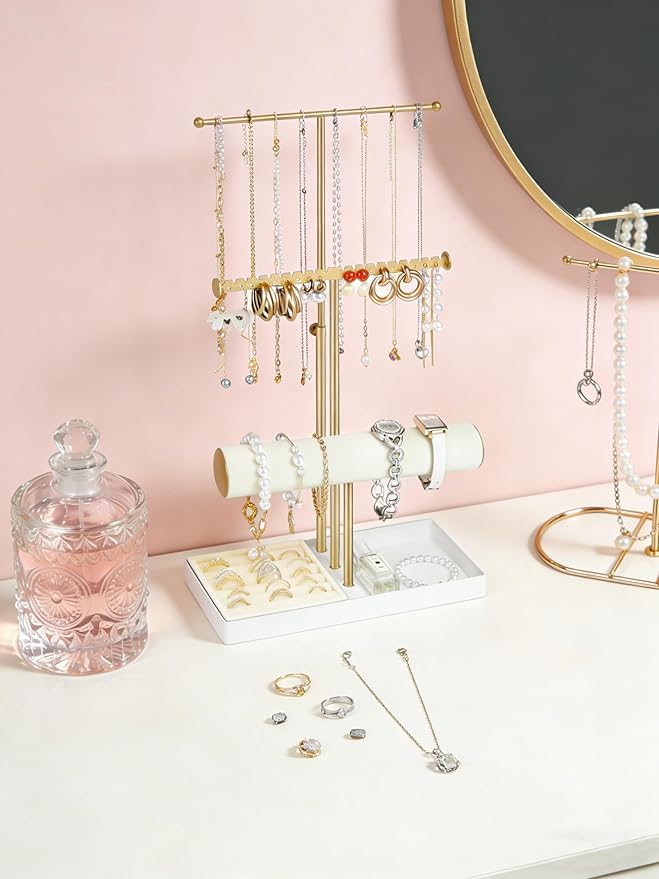 Jenseits 3-Tier Jewelry Holder Organizer:17.1" Adjustable Hanger, Velvet Ring Tray, Metal Aesthetic Display Stand for Necklaces, Earrings, Bracelets, Watches, Gold Jewelry Storage Tower Tree for Women
