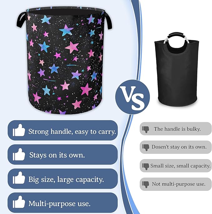 Blue Pink Stars Laundry Basket,Oxford Cloth Laundry Hamper With Handle Foldable Portable Clothes Storage Basket for Laundry Room/Bedroom/Bathroom 20.8"x16"