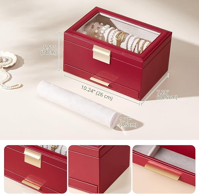Lolalet Bracelet Holder Organizer with Clear Lid and Drawer, Bangle Storage Box Jewelry Display Holder for Watches, Jewellery Case for Women -Wine Red