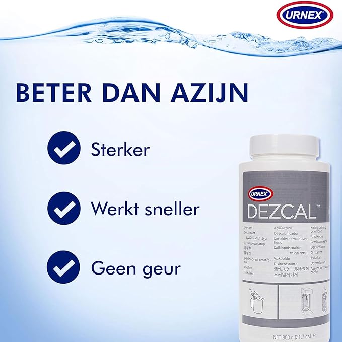 Urnex Dezcal Coffee and Espresso Machine Descaler Activated Scale Remover - 900g Bottle - Fast Effective Descaling Of Boilers and Heating Elements Faucets Spray Heads Milk Systems