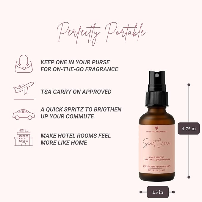 Sweet Cream Luxury Small Space Air & Linen Freshener Spray - Whipped Cream + Salted Caramel - Designer-Inspired Home Fragrance - Non Toxic Odor Eliminator - 2 oz Travel Size Room Spray