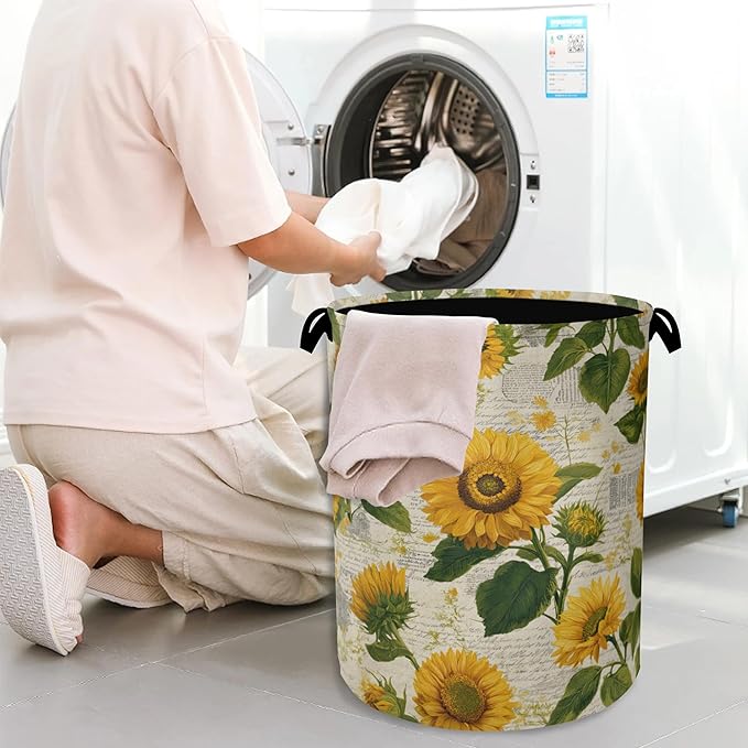 Vintage Sunflowers Laundry Basket,Oxford Cloth Laundry Hamper with Handle Foldable Portable Clothes Storage Basket for Bathroom Bedroom Dorm Room 16" x 20.8"