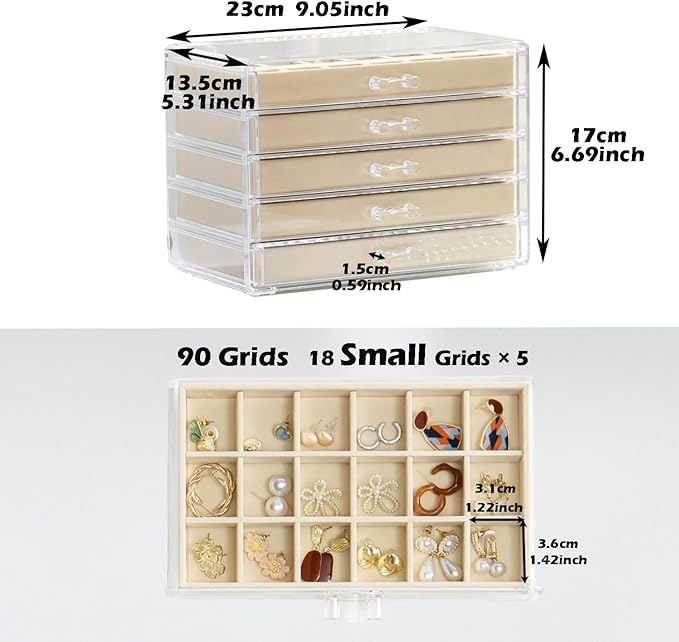 Jewelry Organizer with 5 Drawers Clear Acrylic Earring Display Case Velvet Jewelry Storage Box Display Holder for Earring Ring Bracelet Necklace (Beige, 90 Grids)