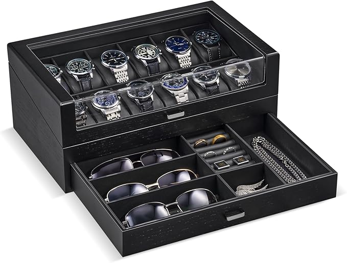 ProCase Wooden Watch Box for Men, Wood Watch Display Case Men's Jewelry Organizer Box with Drawer -12 Slot, Black