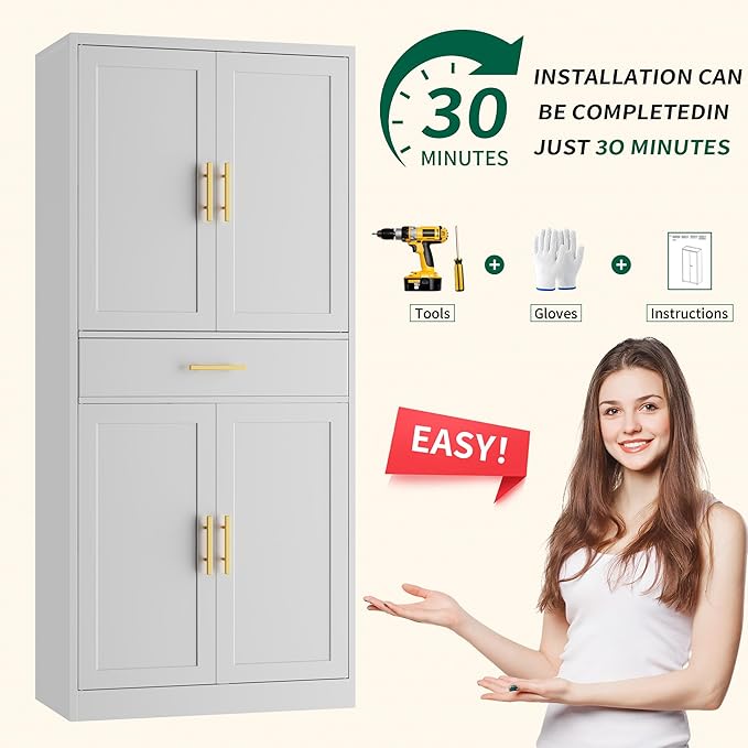 CJF White Kitchen Pantry Cabinet,71 Inch Tall Metal Storage Cabinet with Adjustable Shelves and 1 Drawer, Freestanding Pantry Cabinet for Kitchen, Living Room, Dining Room, Bathroom, Easy to Assemble
