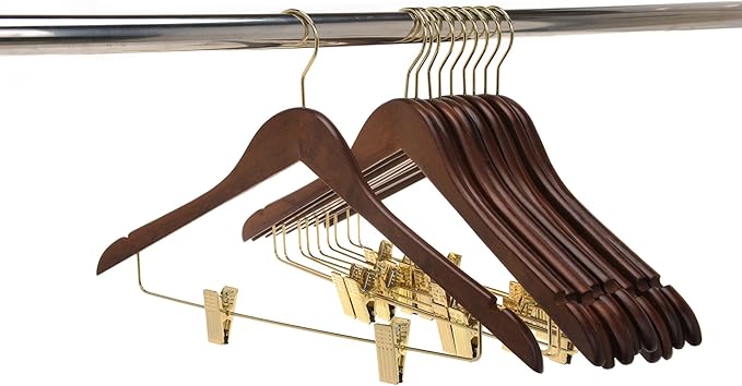 Quality Wooden Skirt Hangers with Clips - 20 Pack Walnut Pants Hangers with Adjustable Gold Metal Clips, Swivel Hook for Coats, Jackets, Blouses, Suits