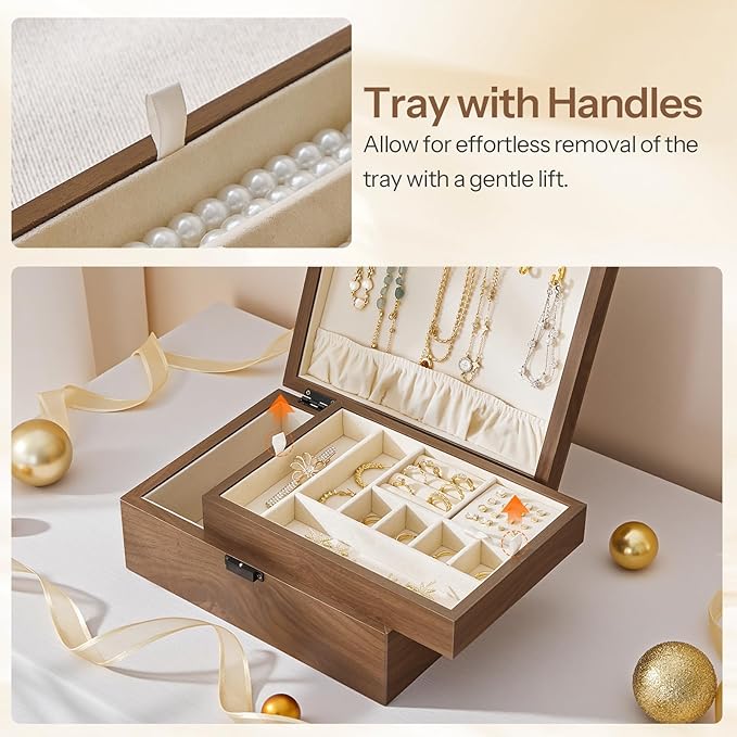 HOOBRO Wooden Jewelry Box for Women Girls, 2-Tier Jewelry Organizer with Removable Tray, Jewelry Storage Case with Clasp, for Necklace, Ring, Bracelet, Watch, Walnut BH29JB04