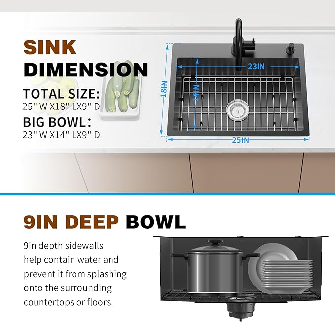 Black Kitchen Sink,25x18 Inch Kitchen Sink Stainless Steel Drop In Kitchen Sink Topmount Stylish and Modern Look Sink With Bottom Grid,Drain Basket And Drain Assembly Add Elegance & Enhance Usability
