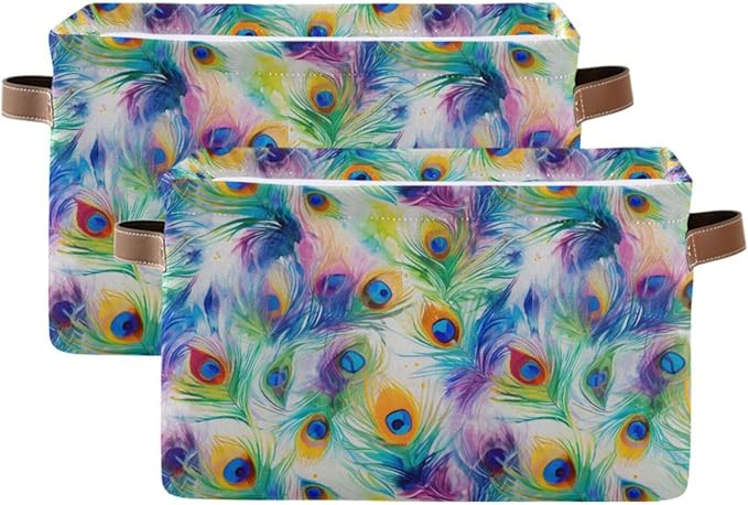 ALAZA Peacock Watercolor Foldable Storage Box Storage Basket Organizer Bins with Handles for Shelf Closet Living Room Bedroom Home Office 2 Pack