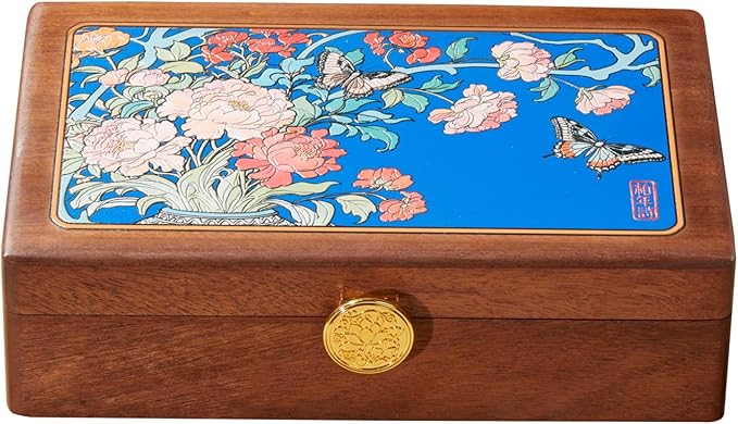 Travel Jewelry Case Small Wood Jewelry Organizer Jewelry Box for Women (Nut-Brown Print D)