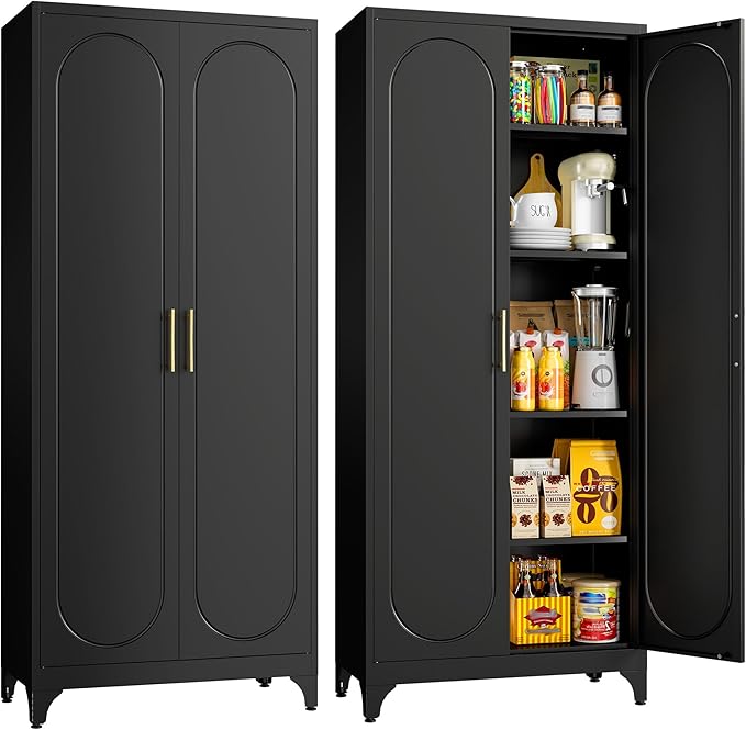 Metal Storage Cabinet with Doors, 75" Tall Kitchen Pantry Storage Cabinets, Black Pantry Cabinets with Adjustable Shelves, Home Office Cabinet, Large Cupboard, High Leveling Feet- Assembly Required