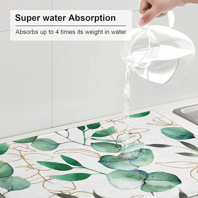 Green Leaves Dish Drying Mat 18x24 For Kitchen Counter Absorbent Microfiber Dishes Pad Dish Drainer Rack Mats Fast Dry Kitchen Accessories