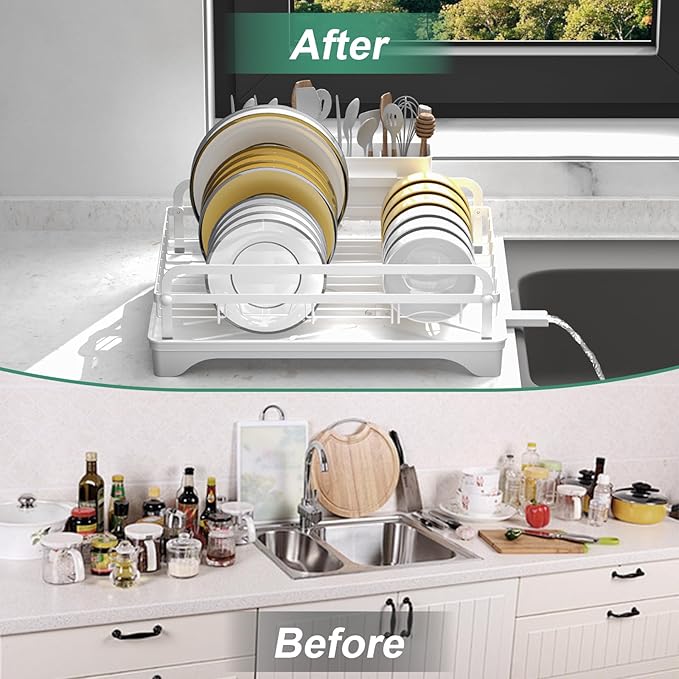 HOMEAILIE Dish Drying Rack,Dish Racks for Kitchen Counter, Metal Dish Drainer with Adjustable Drainage Spout, Removable Knife and Fork Holder (White)