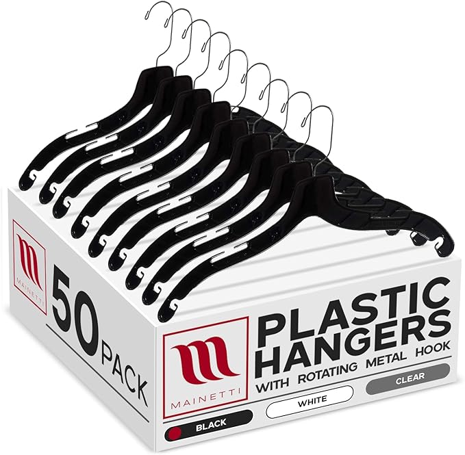 Mainetti 5400 Black Plastic Hangers - 50 Pack with 360 Swivel Metal Hook and Notches for Straps, Great for Shirts/Tops/Dresses/Jackets, 17-Inch