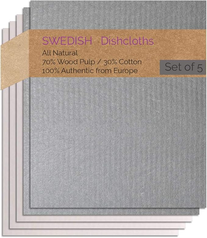 SWEDEdishcloths - Cellulose Sponge Dish Towels - Set of 5 (2 Gray, 3 Natural) Swedish Dish Cloths