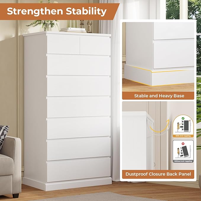 DICTAC White Tall Dresser for Bedroom with 8 Drawers, 59.6" Tall Dressers & Chests of Drawers, Modern Wood Closet Organizer and Storage Cabinet, Large Vertical Dresser for Bedroom, Closet, Hallway