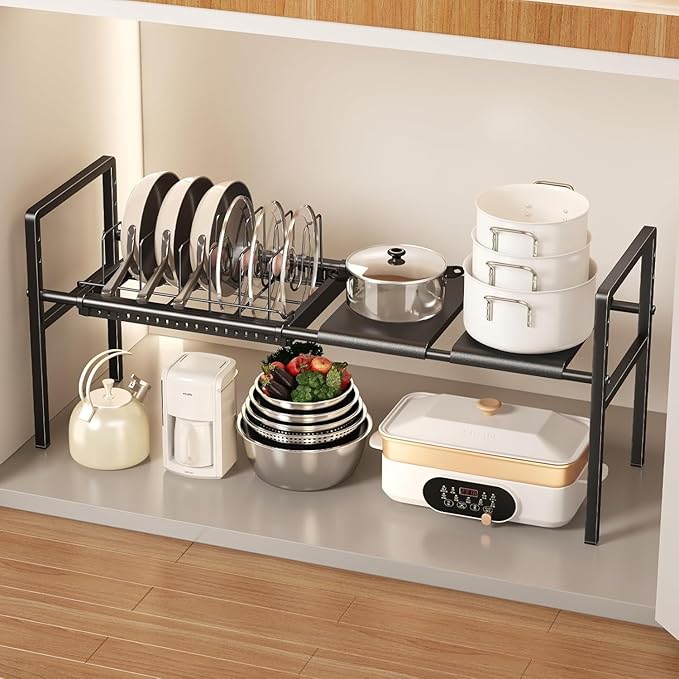 Mustorn Pots and Pans Organizer Under Cabinet, Expandable 1 Tier Under Sink Organizers and Storage Adjustable Height Kitchen Pot and Pan Lid Holder Rack with 6 Dividers Under Cabinet Shelf(Black)