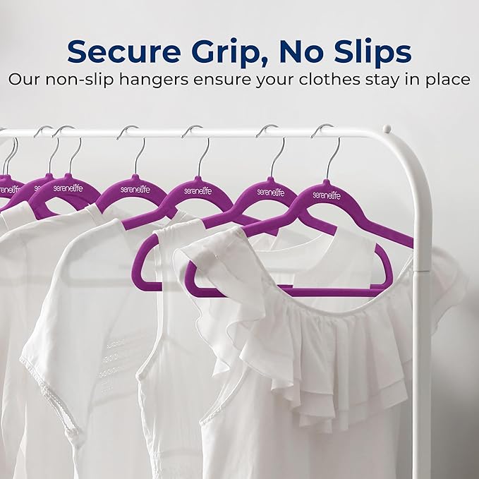 SereneLife 20 Pack Velvet Hangers – Non-Slip Clothes Hangers with Heavy Duty Design, Slim Space-Saving Coat Hangers with 360° Swivel Hook, Strong Lightweight Closet Organizer Set for Clothes (Purple)