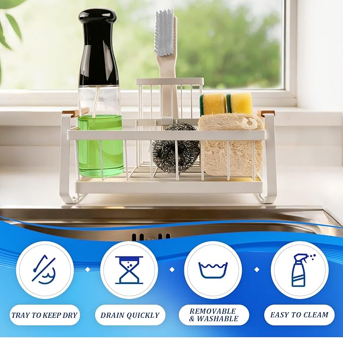 Hobychild Kitchen Sponge Holder with Dish Brush Holder,Sink Caddy with Suction Cup，Stainless Steel Sink Box Dish Scrubber Holder，Soap Tray for Kitchen Countertop Accessories & Storage (White)