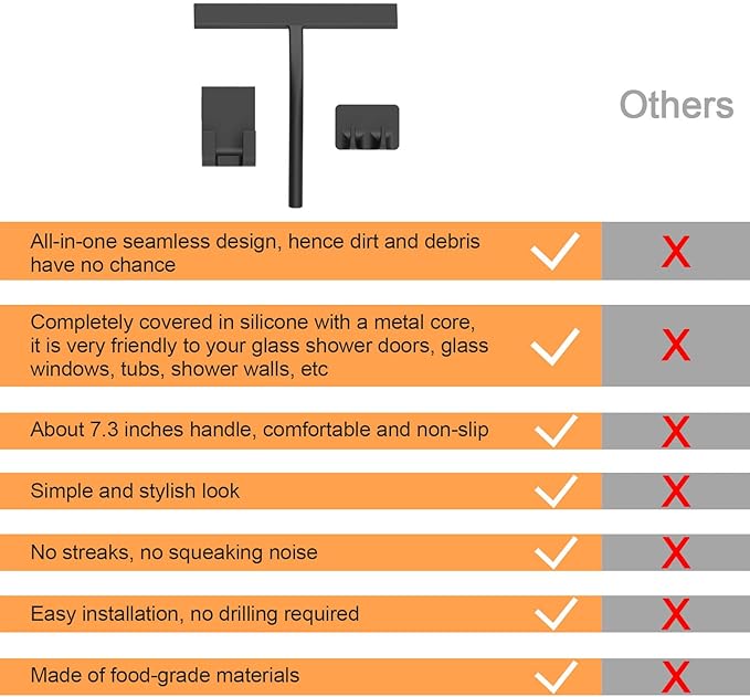 Anlynwooh All -Purpose Silicone Shower Squeegee for Shower Glass Door with Hook, Bathroom Accessories for Window Mirror Tile Car Shower Walls,Household Shower Cleaner Tool (Black, 11inch)