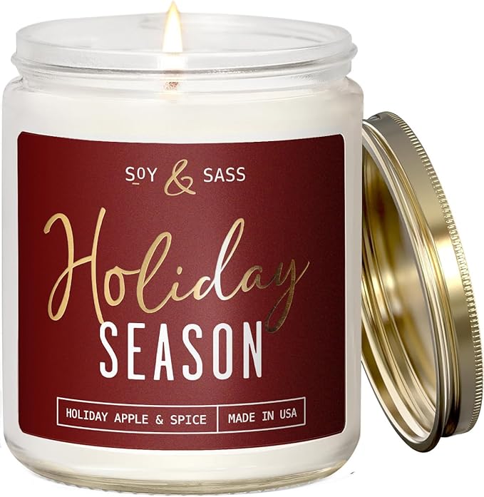 Holiday Candles, Christmas Candles Scented – ‘Holiday Season’ Soy Candle, w/Apple, Cinnamon & Clove - Infused with Essential Oils I Holiday Candle I 9oz, 50Hr, Made in USA