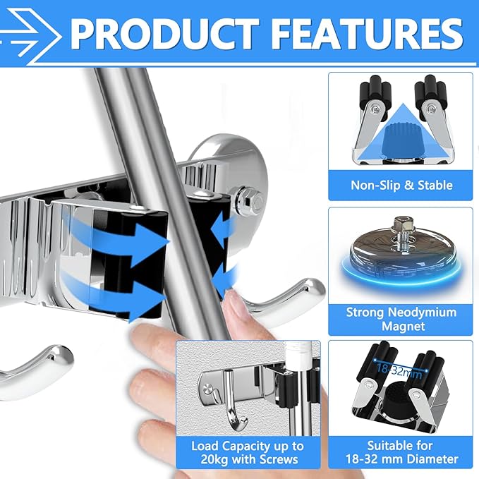 3-H Magnetic Broom Holder Wall Mount 1 Pack, 2-in-1 Dual Mount (No Drill or Screw Fix), 304 Stainless Steel Heavy Duty Magnet Mop Broom Organizer for Kitchen Garden Garage(4 Racks & 5 Hooks,Silver)