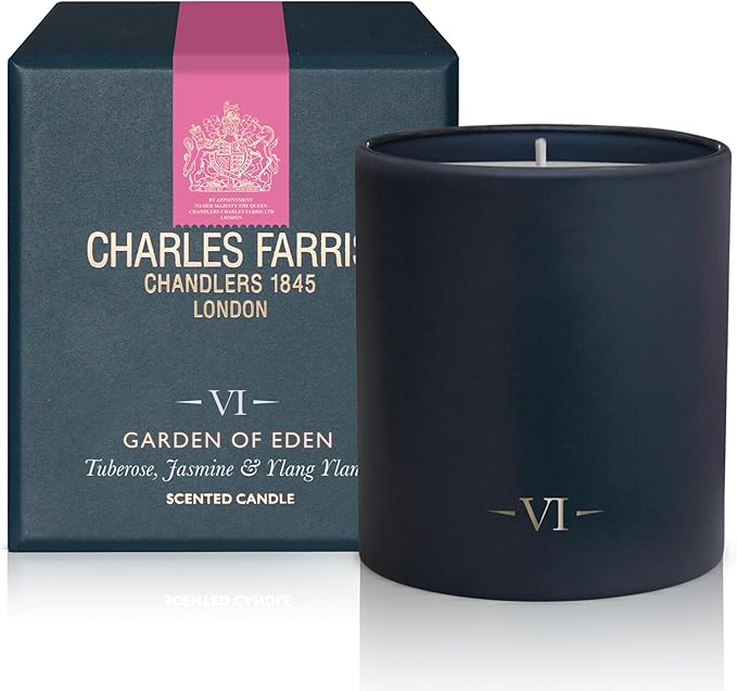 Charles Farris Luxury Scented Candle – 1 Wick, Hand-Poured, Long Lasting, Clean Burning, 210g / 7.5oz, Burns for up to 50 Hours, Made in England – Tuberose, Jasmine & Ylang Ylang – Garden of Eden