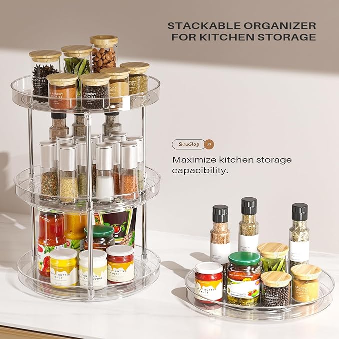Slow Slog 2 Pack 2 Tier Lazy Susan Turntable Organizer, Clear Rotating Lazy Susan, Spice Rack for Cabinet, Makeup and Perfume Organizer for Vanity, Counter Organizer Tray for Kitchen, Bathroom