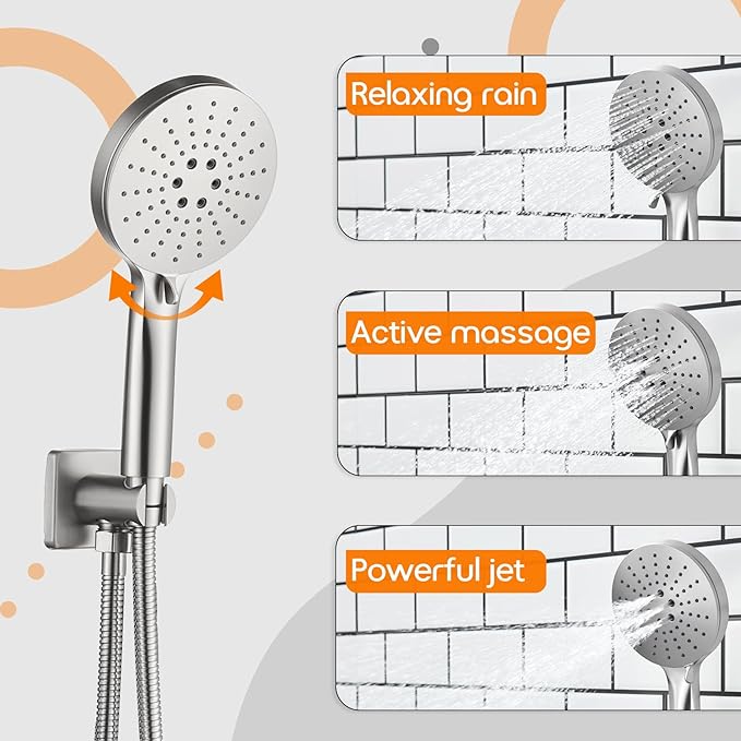 Shower Faucet Mixer Set Includes 10-Inch Rained Shower Head, 3-Setting Handheld Spray and Pressure Balance Valve Wall Mounted Brushed Nickel SF001BR-D10