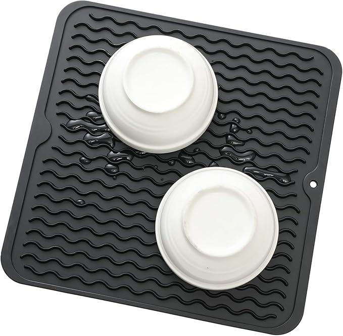 MicoYang Silicone Dish Drying Mat for Multiple Usage,Easy clean,Eco-friendly,Heat-resistant Silicone Mat for Kitchen Counter or Sink,Refrigerator or Drawer liner Black M 12 inches x 12 inches