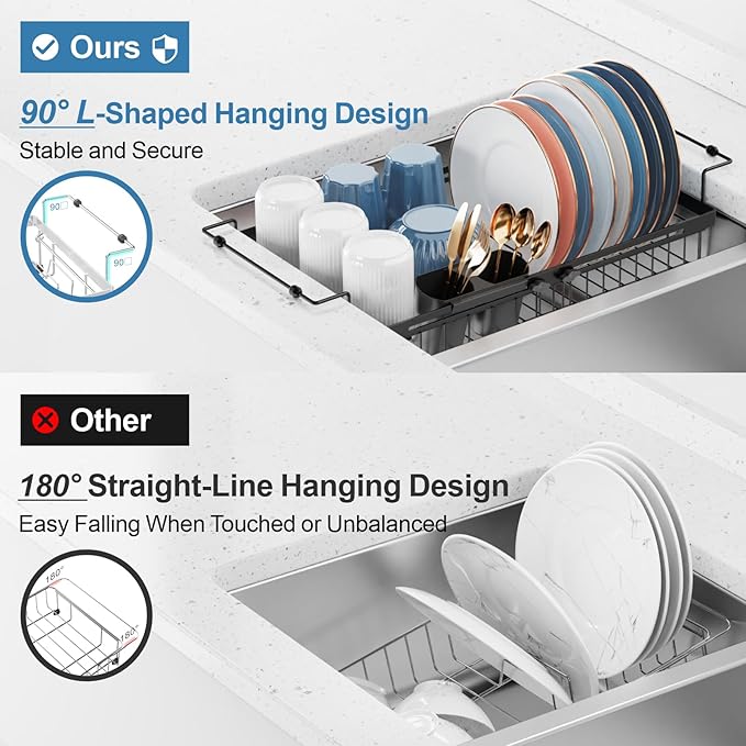 iSPECLE Expandable Dish Drying Rack for Large Kitchen Sink - Rust Resistant Adjustable Over The Sink Dish Drainer with Tightening Knob, Arms with Non Slip Rubber, 12.8" W x 15.8"-20.7" L, Black