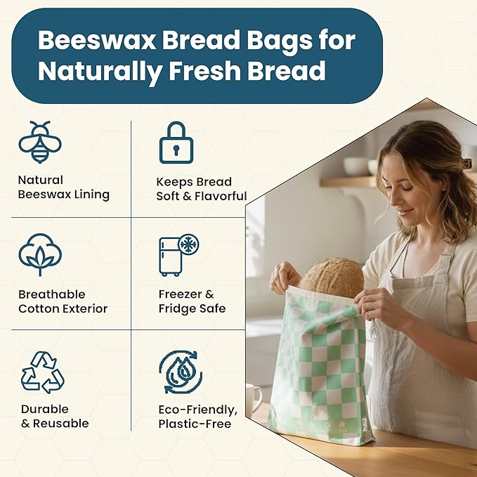 Buzzy Bags 3-Pack Reusable Beeswax Bread Bags (XL, M, S) - Organic Cotton Beeswax Bread Storage Bag for Homemade Bread & Sourdough Freezer-Safe, Breathable & Freshness Support - Eco-Friendly Bread Bag