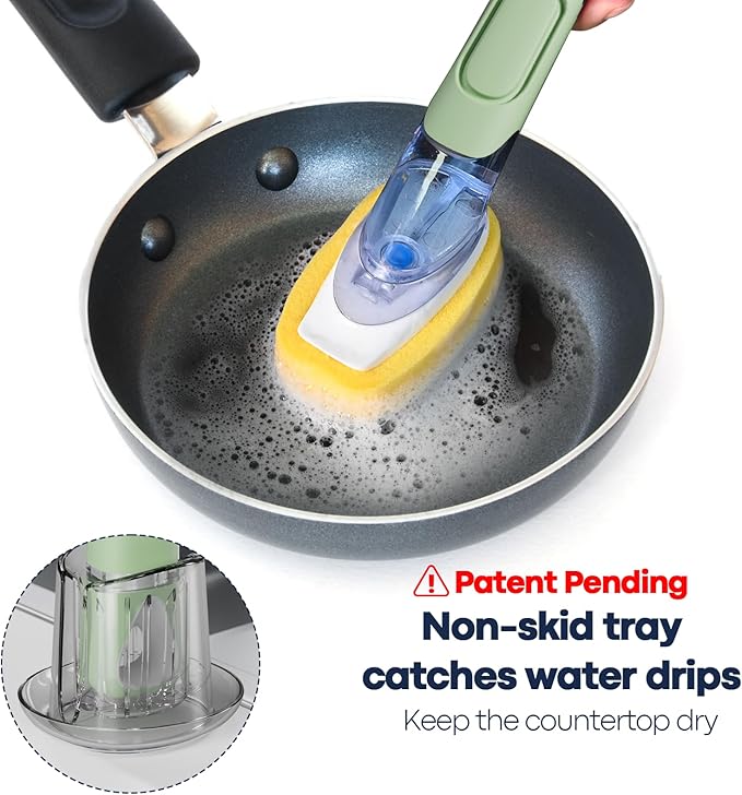 Dish Brush with Soap Dispenser Storage Set with 2 PCS Sponge Refills & Holder, Soap Dispensing Dish Brushes, Sponge with Soap Dispenser Handle, Dish Sponges with Handle for Dishes Pans Pots Sink