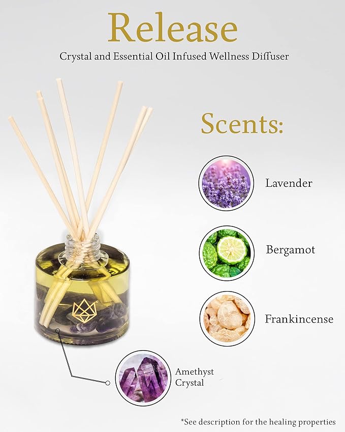 Crystal Infused Reed Diffuser, 4 OZ, Release - Amethyst Crystal Infused - Scents of Lavender, Bergamot, & Frankincense - Home Decor, House Warming, Room, Stick Perfume, Coffee Table