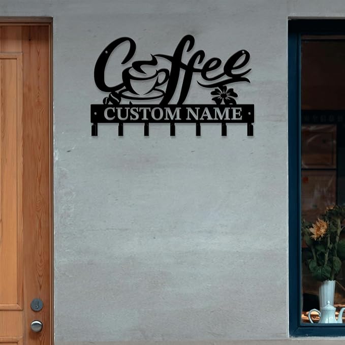 Personalized Custom Name Coffee Bar Wall Keys Hooks,Metal Coffee Shop Art Clothes Hooks,Metal Coffee Lover Wall Home Storage Decorative,For Front Door, Hallway, Kitchen, Bedroom,Keys,Hats (Style F)