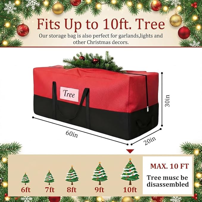 PLTCAT Christmas Tree Storage Bag Fits Up 10-12 Ft Tall Artificial Trees-Heavy Duty Holiday Storage Box Durable Reinforced H les Zipper Transparent Pocket- 600D Oxford Tree Storage Container Red