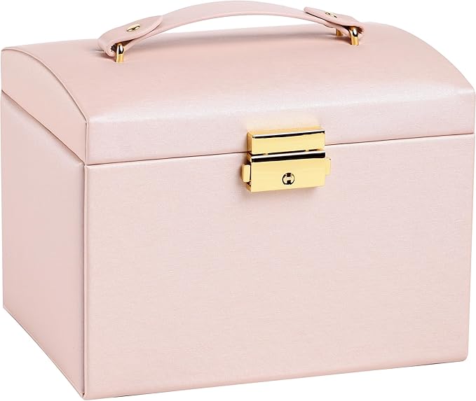 CASEGRACE Jewelry Box Organizer for Women Girls, Three Layer Jewelry Storage Box with Mirror PU Leather Jewelry Display Case for for Bracelets, Earrings, Rings, Necklaces,Pink