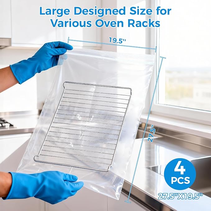 KYRGEU 4 Pack Large Oven Grill Cleaning Bags（19.6''X27.5''）, Heavy Duty Oven Rack Cleaner Bags - No Messy Hands Reusable Soak-off Cleaning Kit for Grate & Grill Rack,No Cleaner Included