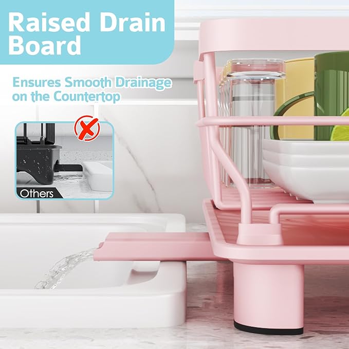 Ricobes Dish Drying Rack - Space Saving Dish Rack - Dish Racks for Kitchen Counter with Drainboard,Rustproof Dish Drainer with Removable Utensil Holder,Pink