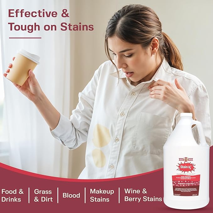 Stain Rx Stain Remover, Effectively Eliminates Stains from Wine, Berries & Blood on Colorfast Fabrics, Carpets, Upholstery & Jewelry, Fragrance Bleach & Dye-Free, Peroxides & Phosphates, 1 Gallon