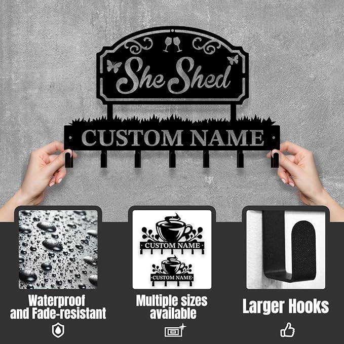Personalized She Shed Metal Keys Hooks,Custom Name Metal She Shed Keys Hooks,Black Metal She Shed Wall Home Storage Decorative Keys Hooks,Key Holder Hooks for Wall (Style K)
